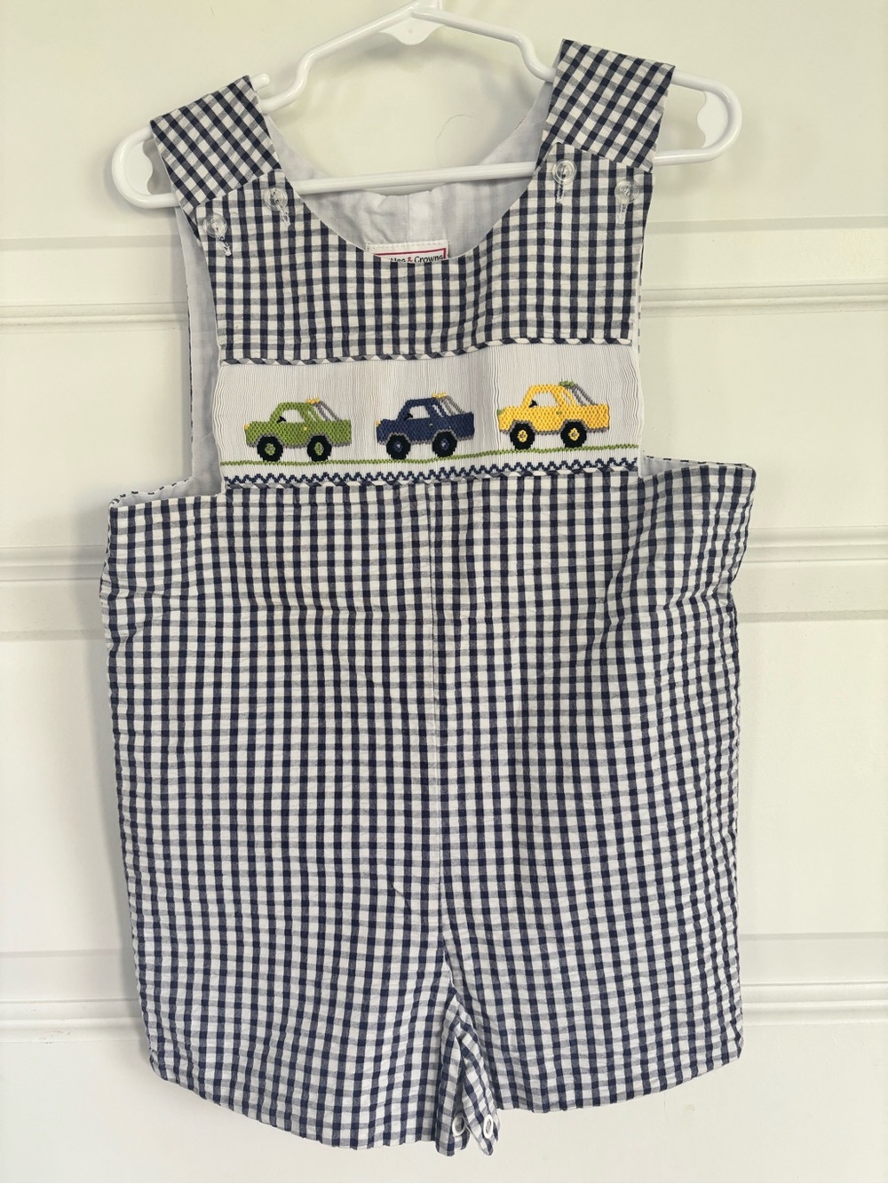 Castle and Crowns Navy Gingham Smocked Car John John -Blue, Green, Yellow Cars